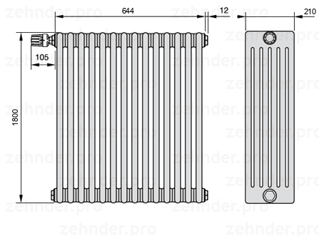 Схема (чертеж) Радиатор Zehnder Charleston 6180/14 №V012 Белый глянцевый RAL 9016